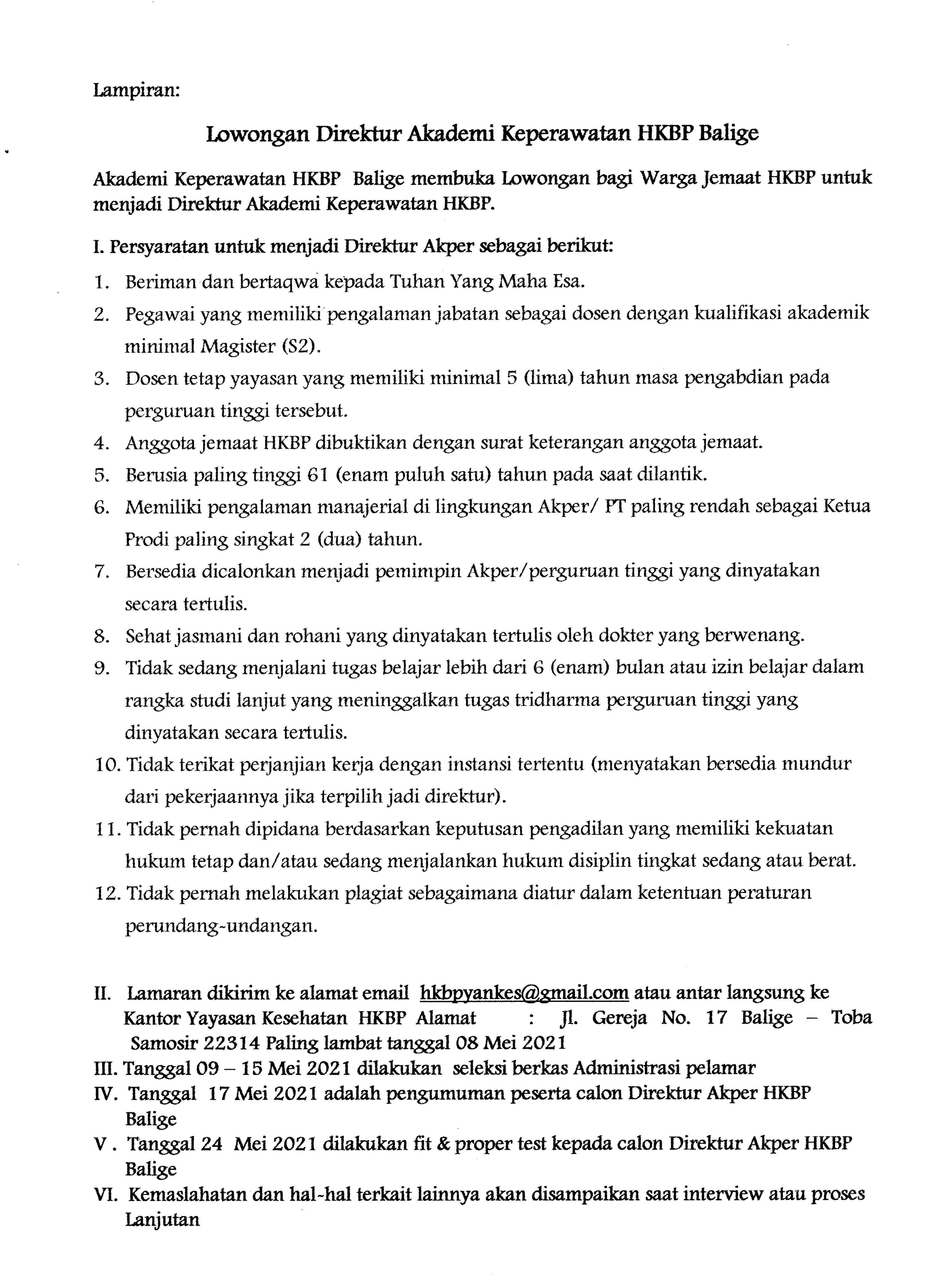 Lowongan Direktur AKPER HKBP Balige